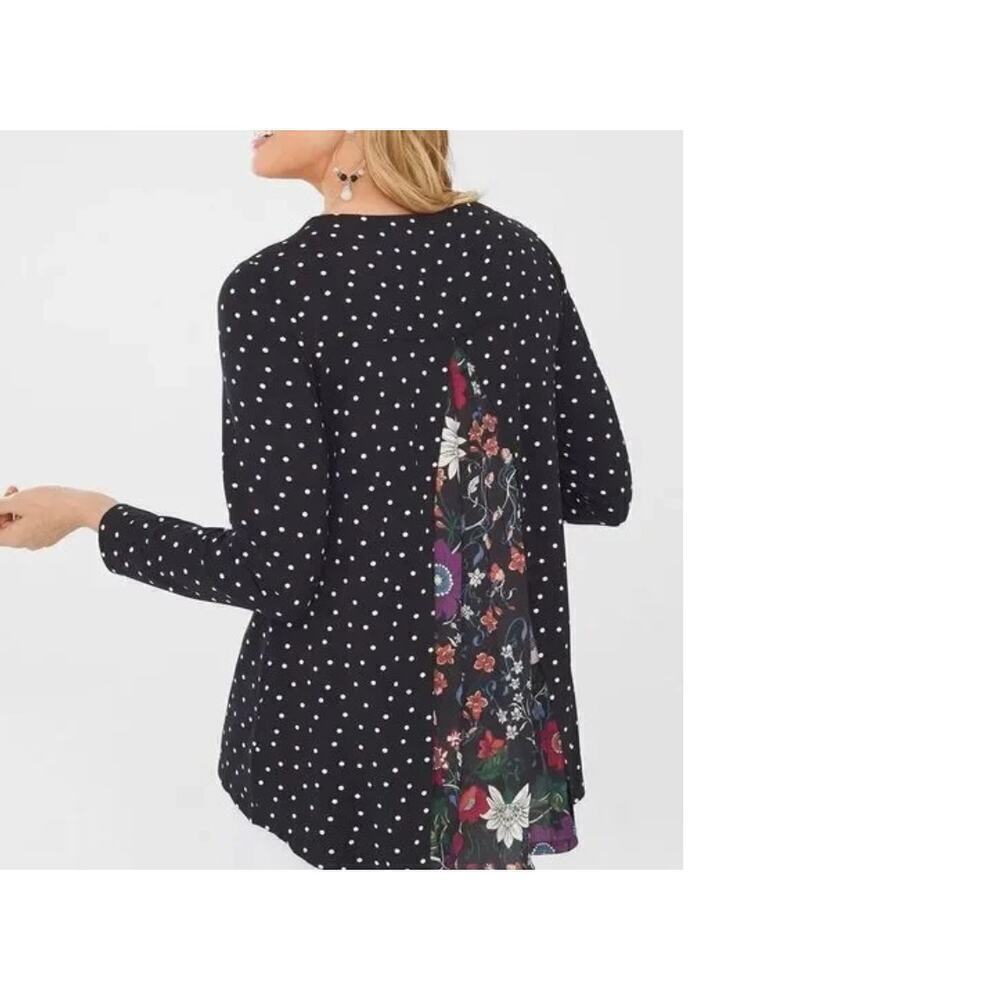Chico’s Black Dot Floral-Mix Tunic Top Long Sleeve Size 0 size small